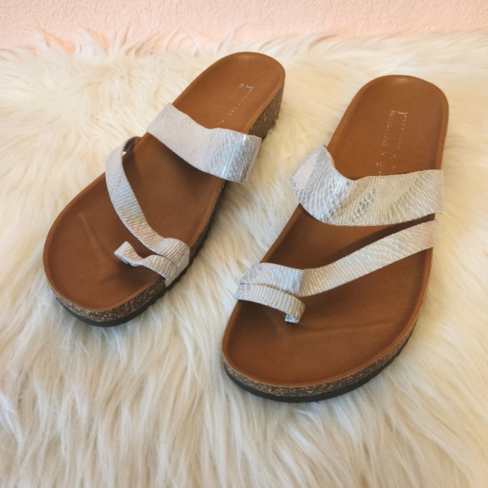 Italian Shoemakers Strappy Silver Slip On Leather Sandals